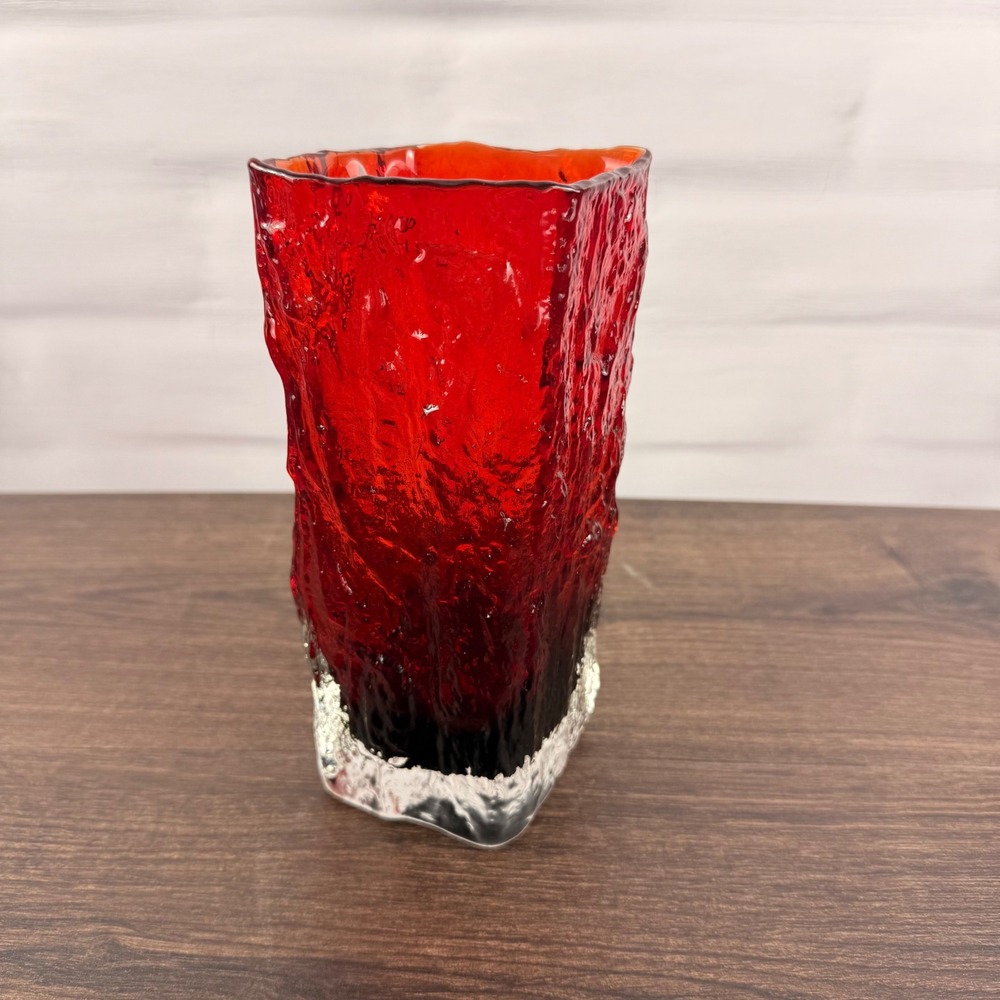 Whitefriars Geoffrey Baxter 9690 Ruby Red Bark Vase Mid Century Glass